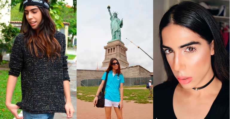 Da esquerda para a direita: um dos primeiros looks postados no blog, em 2012; primeira viagem internacional (Nova York), em 2013; última seção de fotos, em 2016, aos 21 anos. 