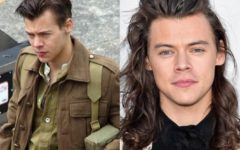 Antes e depois: na esquerda, Harry Styles com novo look no set de gravação do filme "Dunkirk"; na direita, as madeixas longas alguns meses atrás.