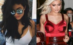 Da esquerda para direita: Kylie Jenner com o tradicional cabelo preto; A nova cor: platinado.